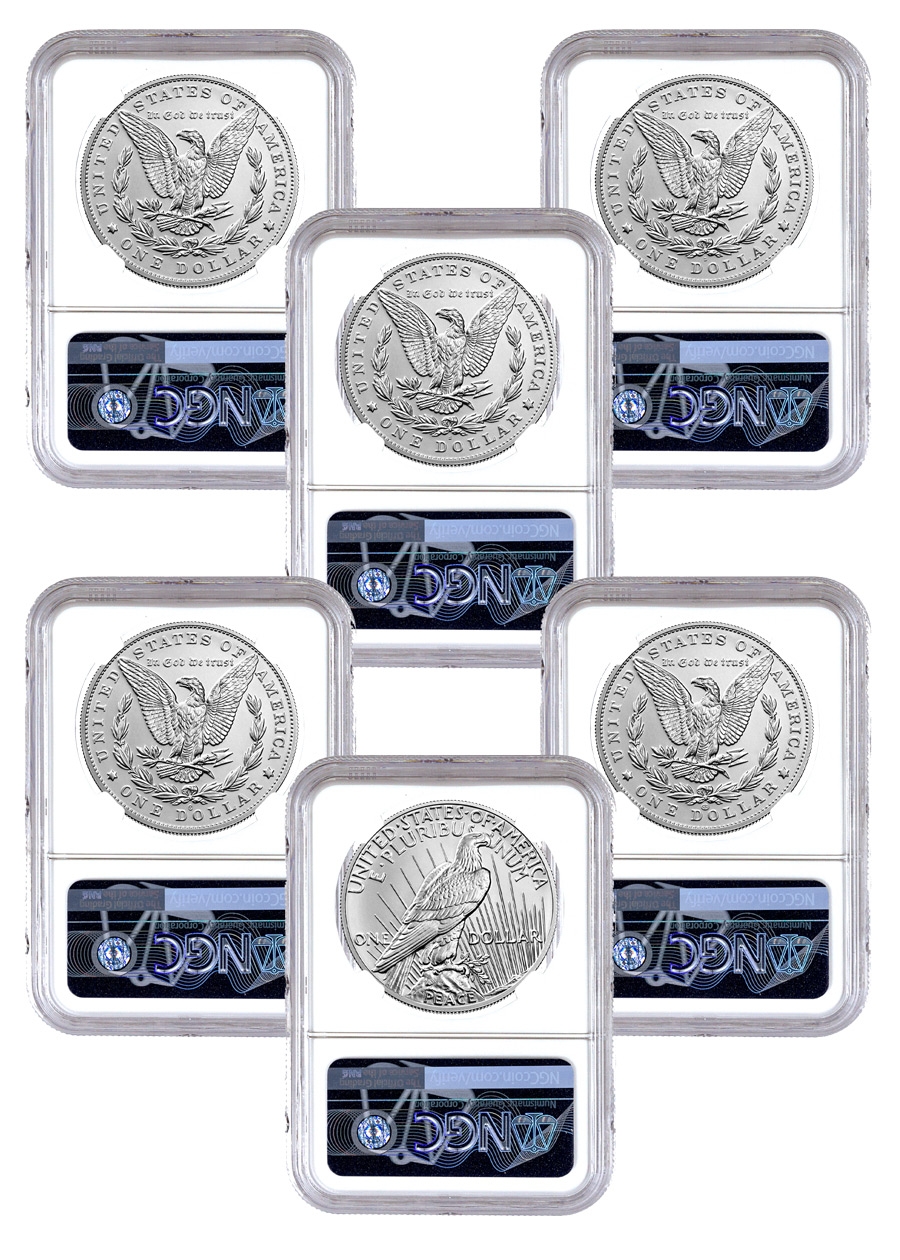 2021 6-Coin Set Morgan & Peace Silver Dollars NGC MS70 First Day of