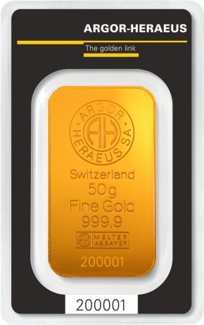 50 Gram Argor Heraeus Kinebar Gold Bar (w/ Assay)