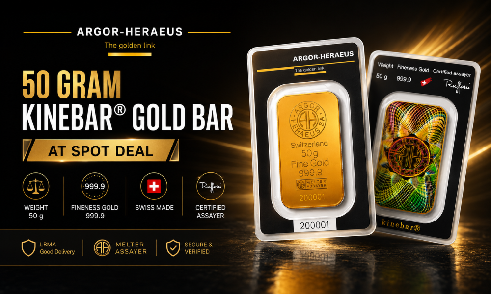 50 Gram Argor Heraeus Kinebar Gold Bar (w/ Assay) at spot price
