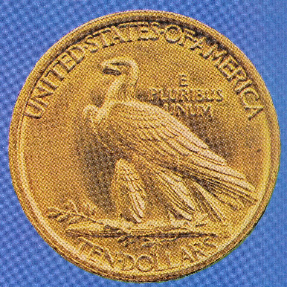 Close-up detail of $10 Indian Head Eagle – 1907 – 1933 design elements and engraving quality