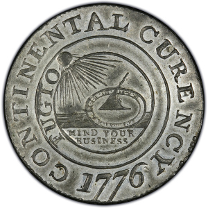 Close-up detail of 1776 Continental Currency Dollar design elements and engraving quality