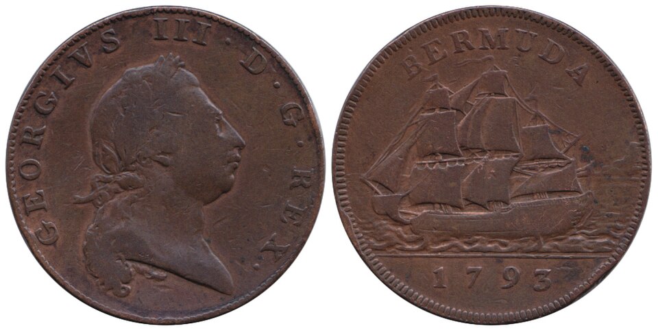 Close-up detail of 1790 Albany Church Pennies design elements and engraving quality