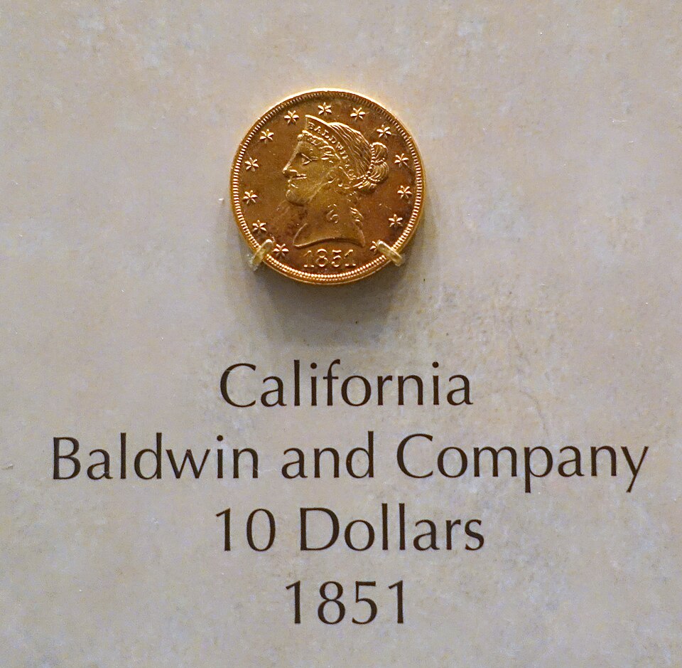Close-up detail of 1850 Baldwin & Co. Gold Coins design elements and engraving quality
