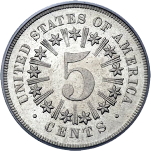 Close-up detail of 1866 Shield Nickel with Rays design elements and engraving quality