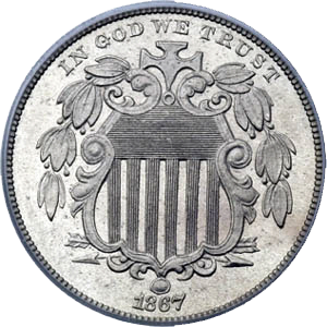 1866 Shield Nickel with Rays obverse and reverse showing full design details