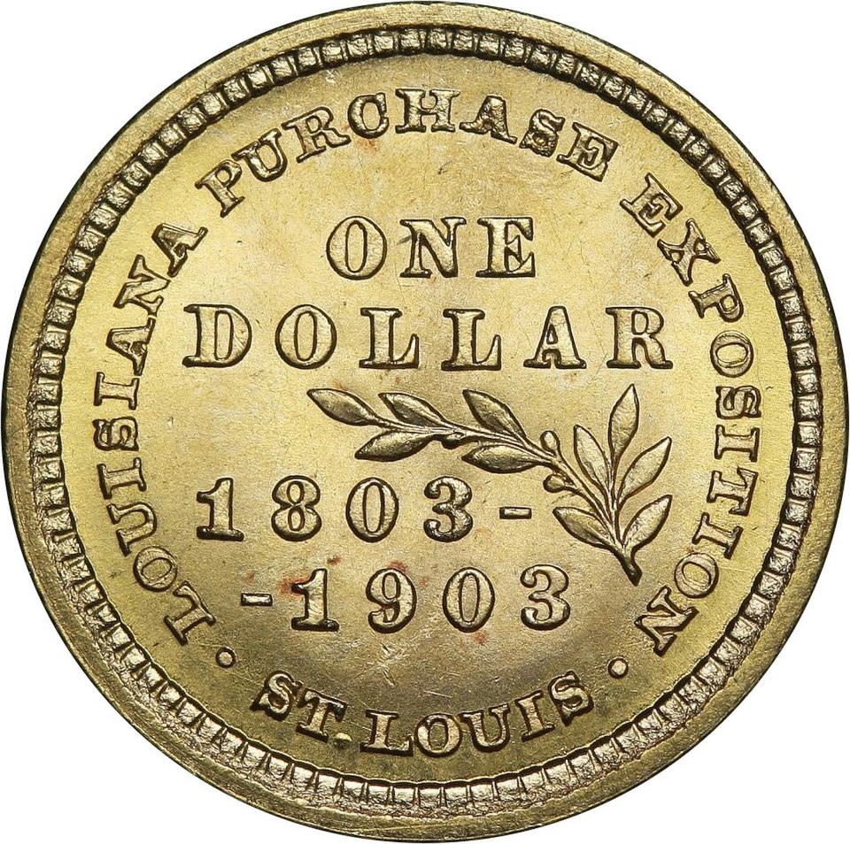 1903 Louisiana Purchase Exposition Gold Dollars (McKinley & Jefferson) obverse and reverse showing full design details