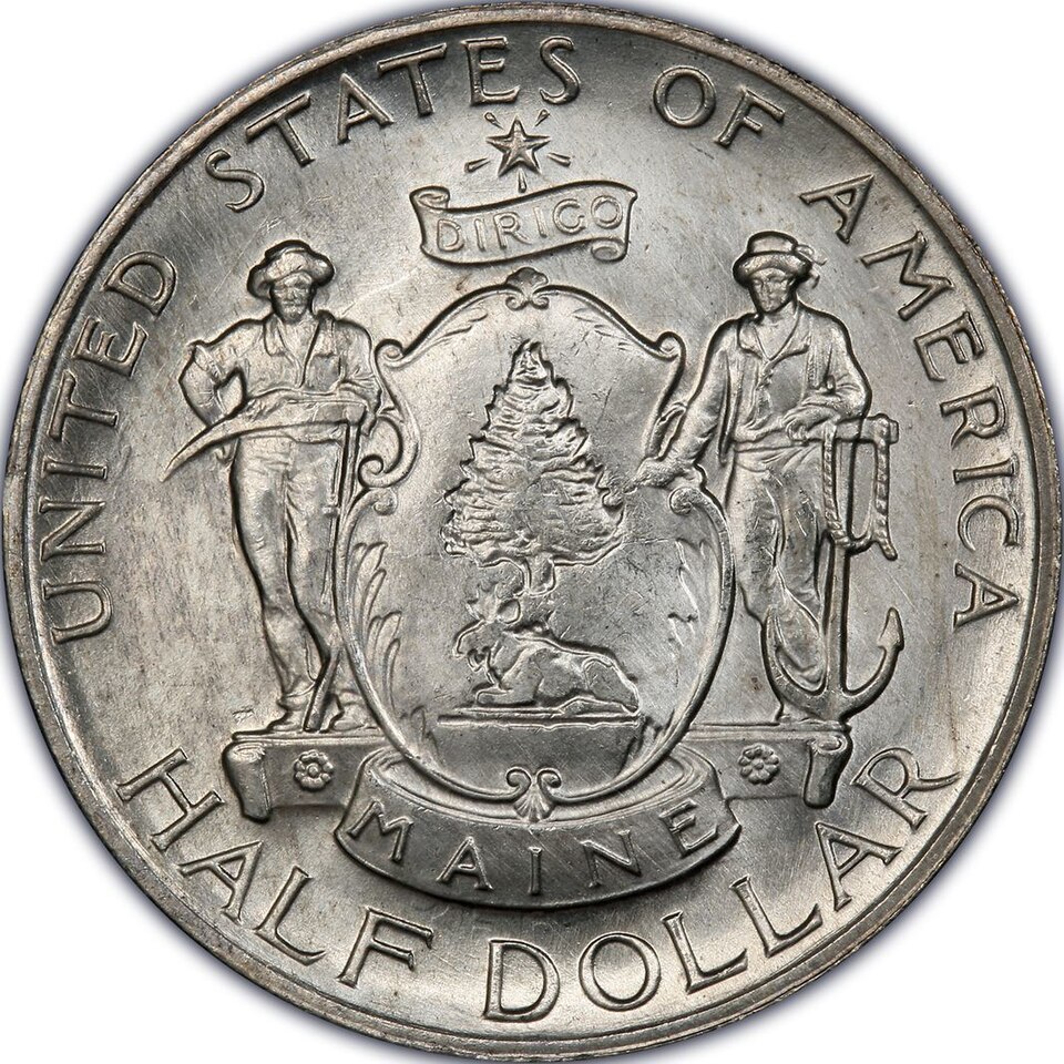 Close-up detail of 1920 Maine Centennial Half Dollar design elements and engraving quality