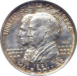 Close-up detail of 1921 Alabama Centennial Half Dollar design elements and engraving quality