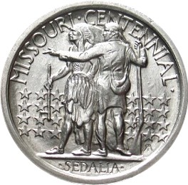 Close-up detail of 1921 Missouri Centennial Half Dollar design elements and engraving quality