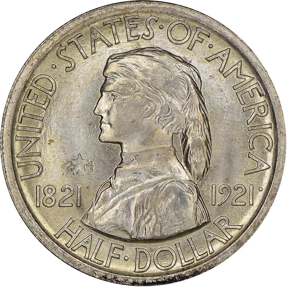 1921 Missouri Centennial Half Dollar obverse and reverse showing full design details