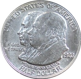 Close-up detail of 1923 Monroe Doctrine Centennial Half Dollar design elements and engraving quality
