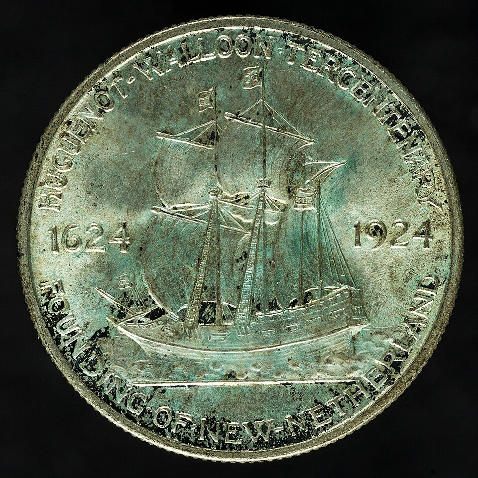 Close-up detail of 1924 Huguenot-Walloon Tercentenary Half Dollar design elements and engraving quality