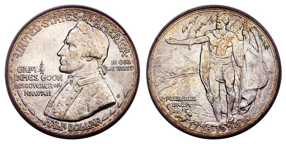 Collection of 1928 Hawaiian Sesquicentennial Half Dollar coins in various grades and dates