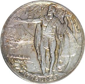 Close-up detail of 1928 Hawaiian Sesquicentennial Half Dollar design elements and engraving quality