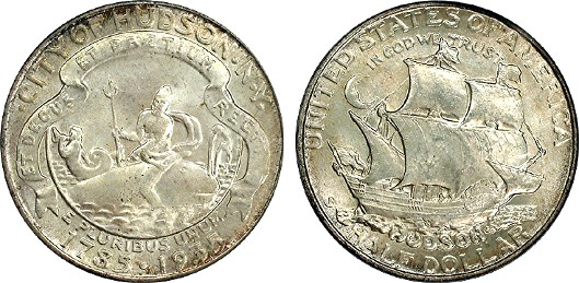 1935 Hudson, New York Sesquicentennial Half Dollar obverse and reverse showing full design details