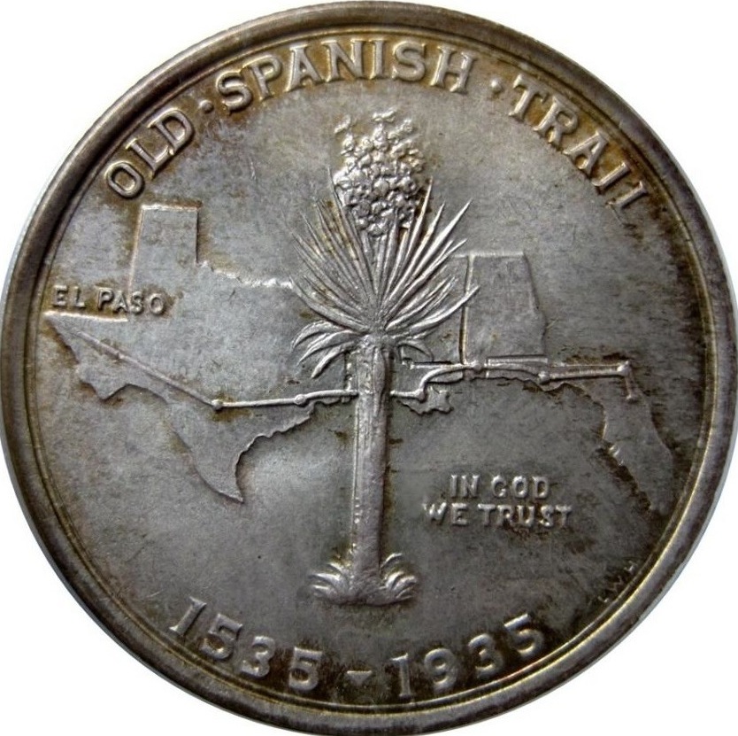 Close-up detail of 1935 Old Spanish Trail Half Dollar design elements and engraving quality