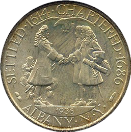 Close-up detail of 1936 Albany Charter Half Dollar design elements and engraving quality