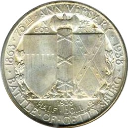 Close-up detail of 1936 Battle of Gettysburg Half Dollar design elements and engraving quality