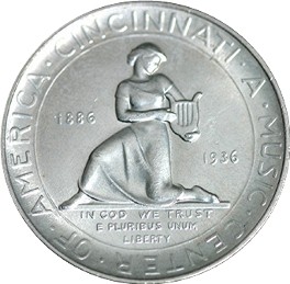 1936 Cincinnati Music Center Half Dollar obverse and reverse showing full design details