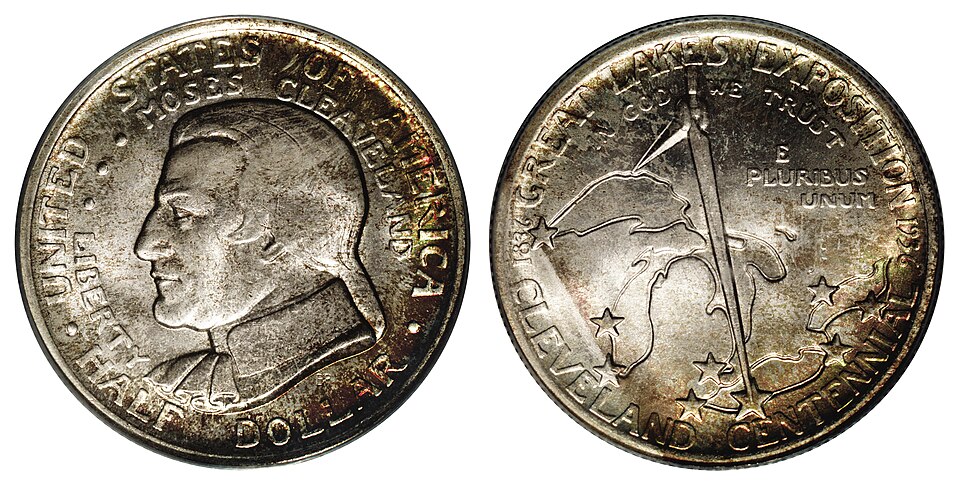 Close-up detail of 1936 Cleveland Centennial/Great Lakes Exposition Half Dollar design elements and engraving quality