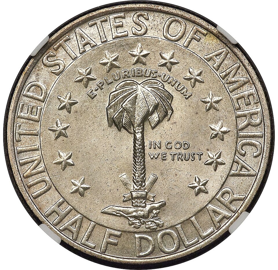 Close-up detail of 1936 Columbia, South Carolina Sesquicentennial Half Dollar design elements and engraving quality