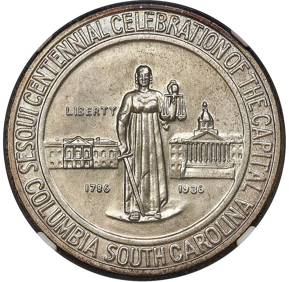 1936 Columbia, South Carolina Sesquicentennial Half Dollar obverse and reverse showing full design details