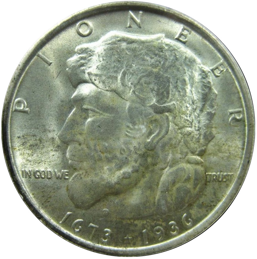 Close-up detail of 1936 Elgin, Illinois Centennial Silver Half Dollar design elements and engraving quality