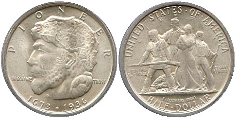 1936 Elgin, Illinois Centennial Silver Half Dollar obverse and reverse showing full design details