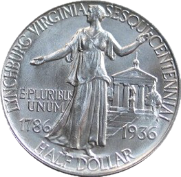 Close-up detail of 1936 Lynchburg, Virginia, Sesquicentennial Half Dollar design elements and engraving quality