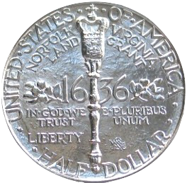 Close-up detail of 1936 Norfolk, Virginia, Bicentennial Half Dollar design elements and engraving quality