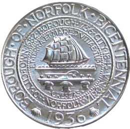1936 Norfolk, Virginia, Bicentennial Half Dollar obverse and reverse showing full design details
