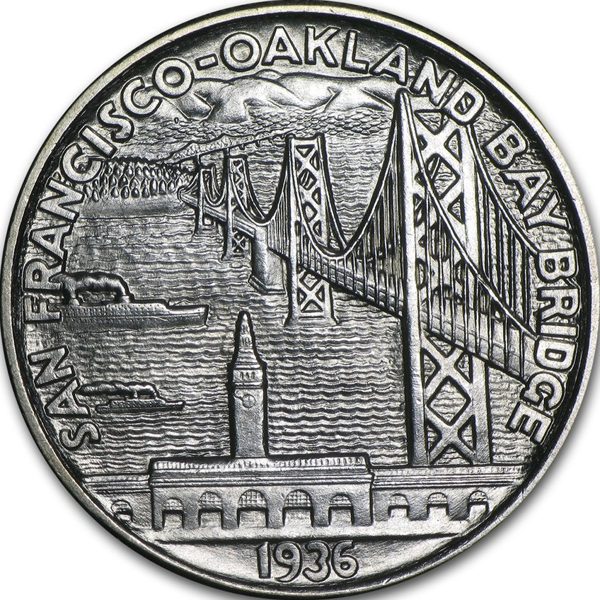 Close-up detail of 1936 San Francisco–Oakland Bay Bridge Half Dollar design elements and engraving quality