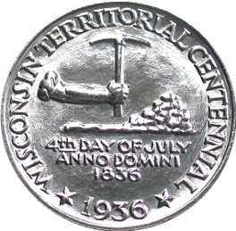 Close-up detail of 1936 Wisconsin Territorial Centennial Half Dollar design elements and engraving quality