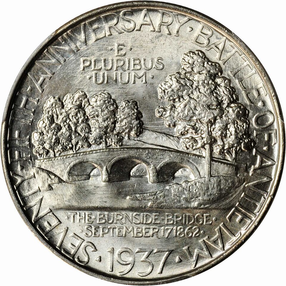 Close-up detail of 1937 Battle of Antietam 75th Anniversary Commemorative Silver Half Dollar design elements and engraving quality