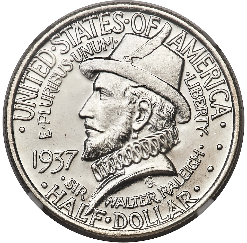 Collection of 1937 Roanoke Island, North Carolina Half Dollar coins in various grades and dates