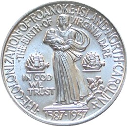 Close-up detail of 1937 Roanoke Island, North Carolina Half Dollar design elements and engraving quality
