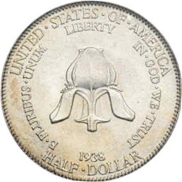 Close-up detail of 1938 New Rochelle, New York Half Dollar design elements and engraving quality