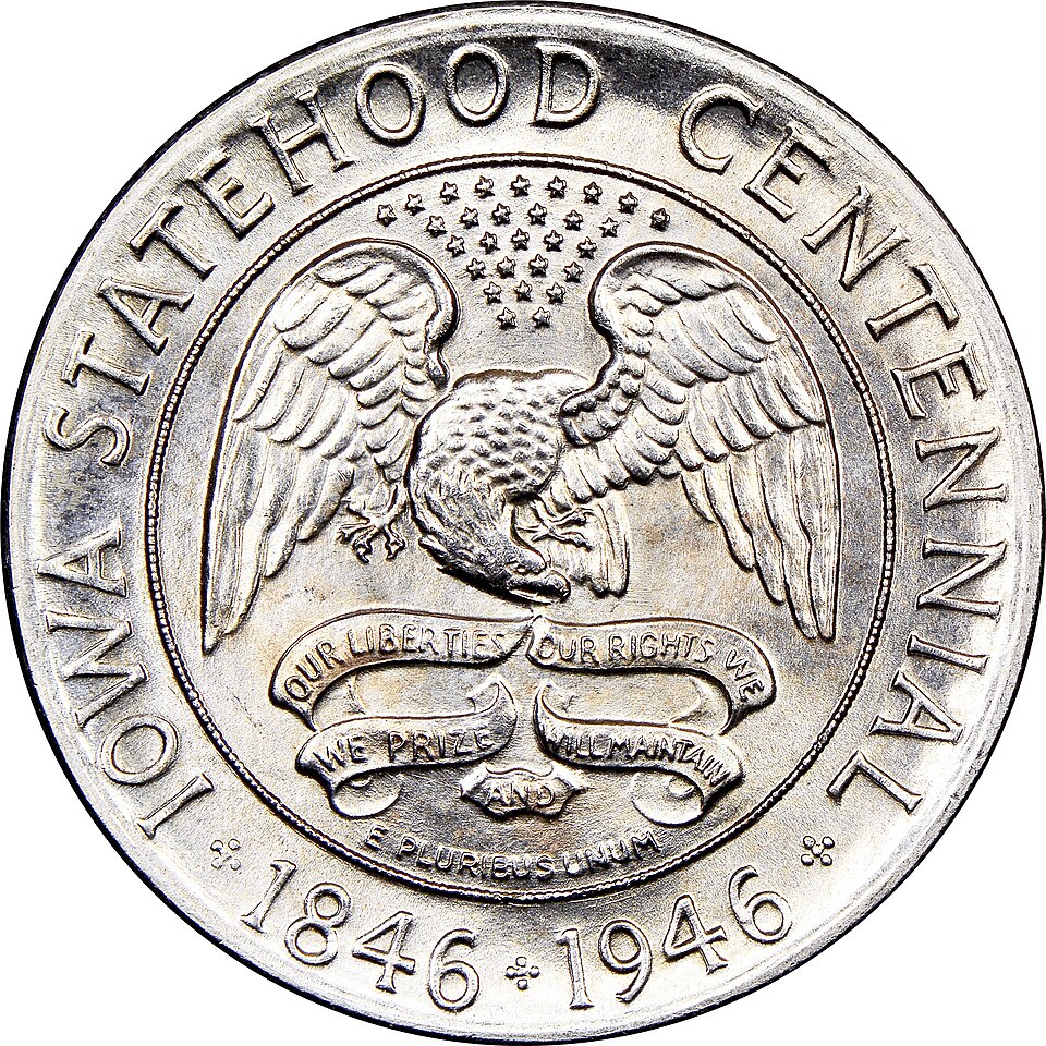 Close-up detail of 1946 Iowa Centennial Commemorative Half Dollar design elements and engraving quality