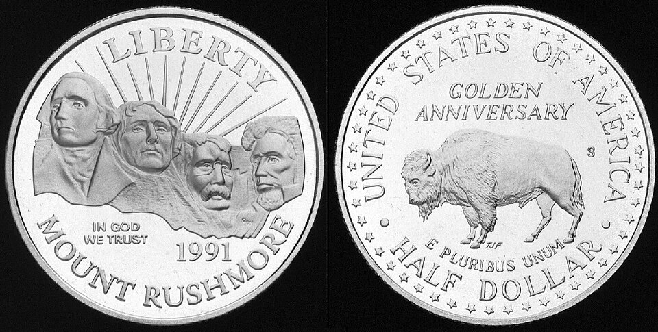 Close-up detail of 1991 Mount Rushmore Golden Anniversary Commemorative Coins design elements and engraving quality
