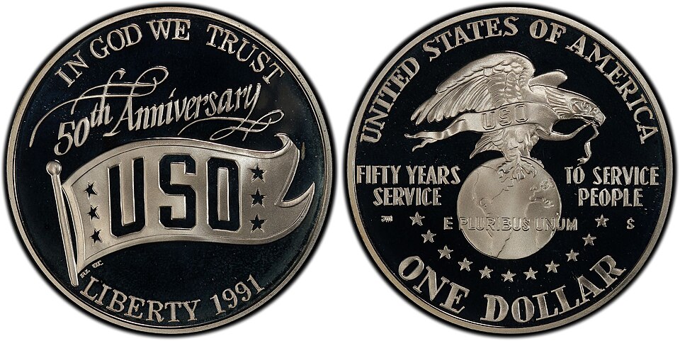 Collection of 1991 USO 50th Anniversary Silver Dollar coins in various grades and dates