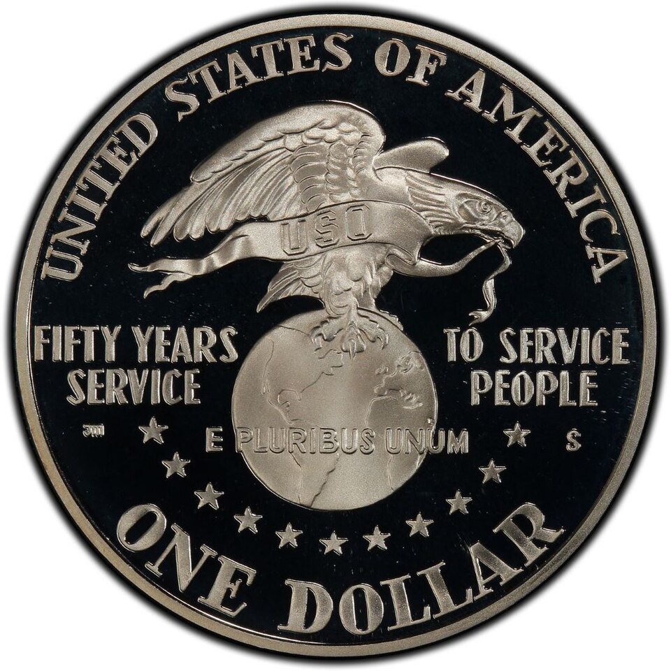 1991 USO 50th Anniversary Silver Dollar obverse and reverse showing full design details