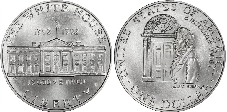 1992 White House Bicentennial Silver Dollar obverse and reverse showing full design details