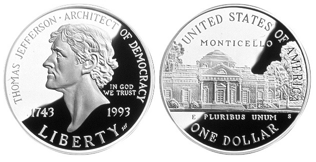 Collection of 1993 Thomas Jefferson 250th Anniversary Silver Dollar coins in various grades and dates