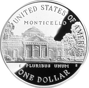 Close-up detail of 1993 Thomas Jefferson 250th Anniversary Silver Dollar design elements and engraving quality