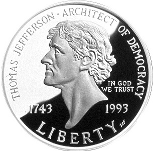 1993 Thomas Jefferson 250th Anniversary Silver Dollar obverse and reverse showing full design details
