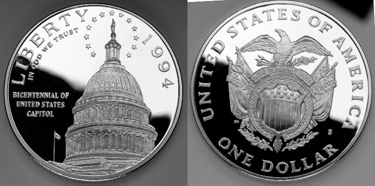 Close-up detail of 1994 U.S. Capitol Bicentennial Silver Dollar design elements and engraving quality