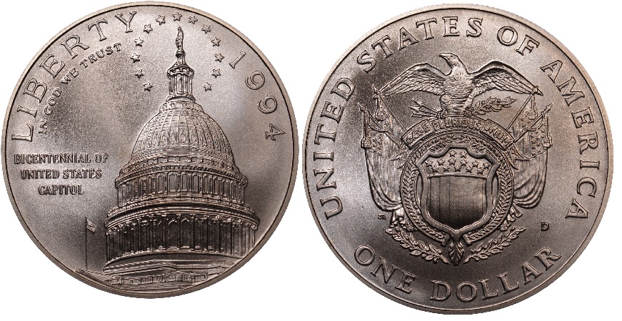 1994 U.S. Capitol Bicentennial Silver Dollar obverse and reverse showing full design details