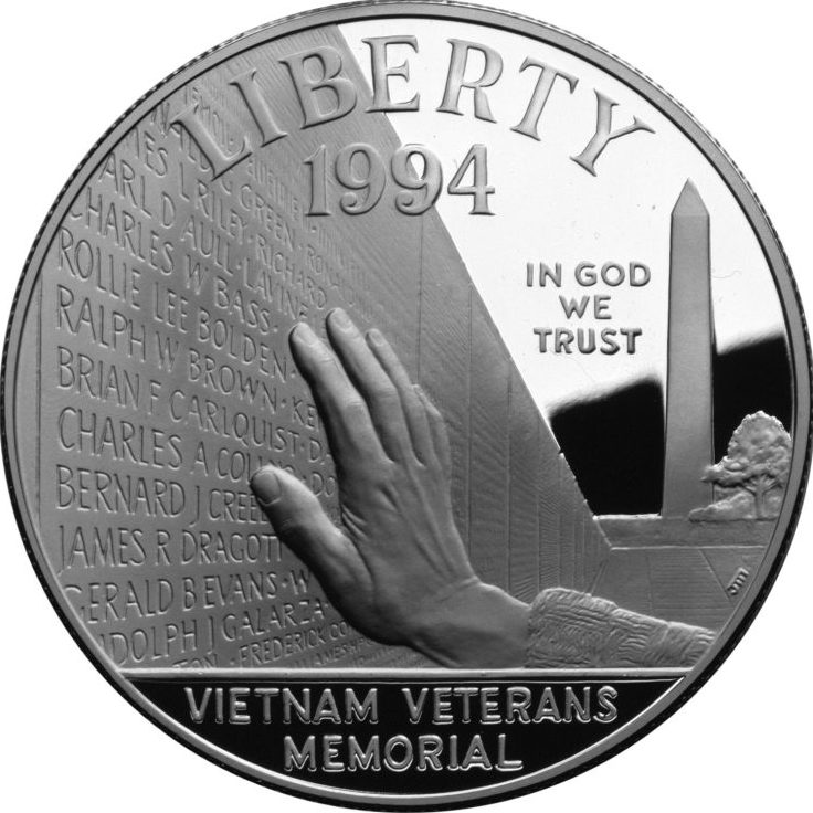 1994 Vietnam Veterans Memorial Silver Dollar obverse and reverse showing full design details