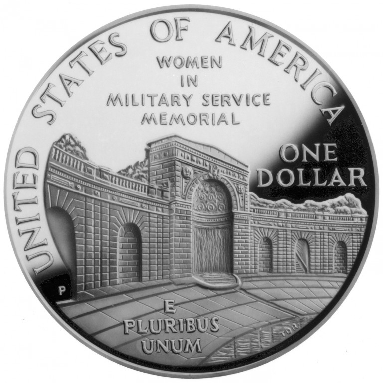 Close-up detail of 1994 Women in Military Service for America Memorial Silver Dollar design elements and engraving quality