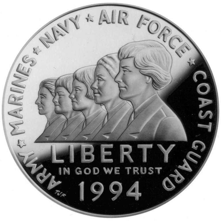 1994 Women in Military Service for America Memorial Silver Dollar obverse and reverse showing full design details